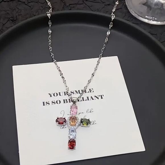 Vibrant Multi-Stone Cross Necklace - Picture 1 of 4